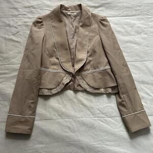 Axes Femme tan draped collar jacket with lace detailing Size medium